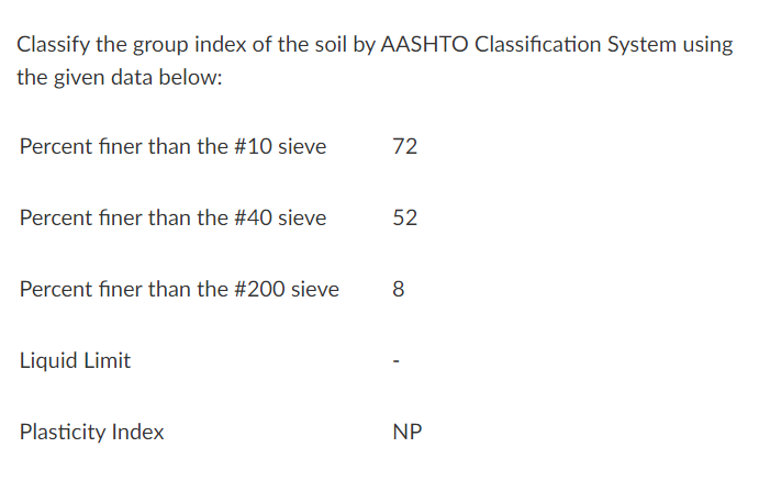 Classify the group index of the soil by AASHTO Classification System using
the given data below:
Percent finer than the #10 sieve
72
Percent finer than the #40 sieve
52
Percent finer than the #200 sieve
8
Liquid Limit
Plasticity Index
NP
