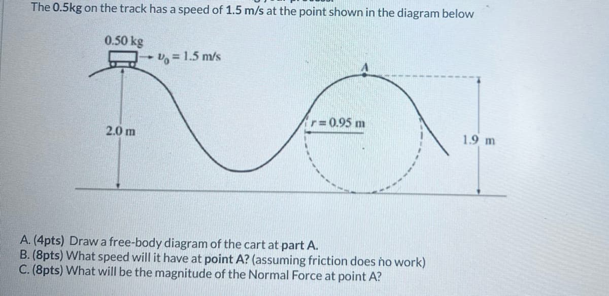 The 0.5kg on the track has a speed of 1.5 m/s at the point shown in the diagram below
0.50 kg
2.0 m
= 1
= 1.5 m/s
r = 0.95 m
1.9 m
A. (4pts) Draw a free-body diagram of the cart at part A.
B. (8pts) What speed will it have at point A? (assuming friction does no work)
C. (8pts) What will be the magnitude of the Normal Force at point A?