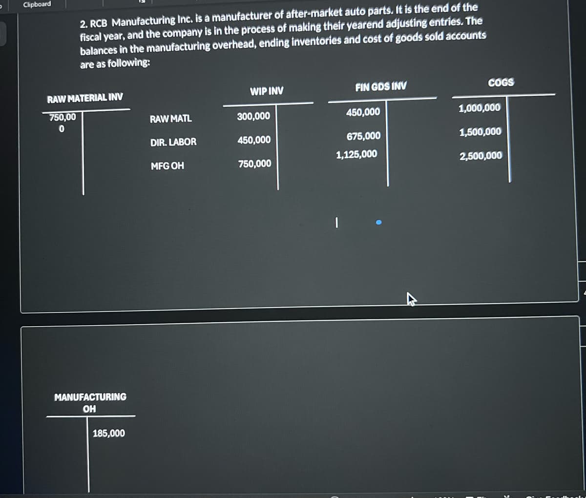 Clipboard
2. RCB Manufacturing Inc. is a manufacturer of after-market auto parts. It is the end of the
fiscal year, and the company is in the process of making their yearend adjusting entries. The
balances in the manufacturing overhead, ending inventories and cost of goods sold accounts
are as following:
RAW MATERIAL INV
WIP INV
FIN GDS INV
COGS
750,00
RAW MATL
300,000
450,000
1,000,000
0
DIR. LABOR
450,000
675,000
1,500,000
1,125,000
MFG OH
750,000
2,500,000
MANUFACTURING
OH
185,000