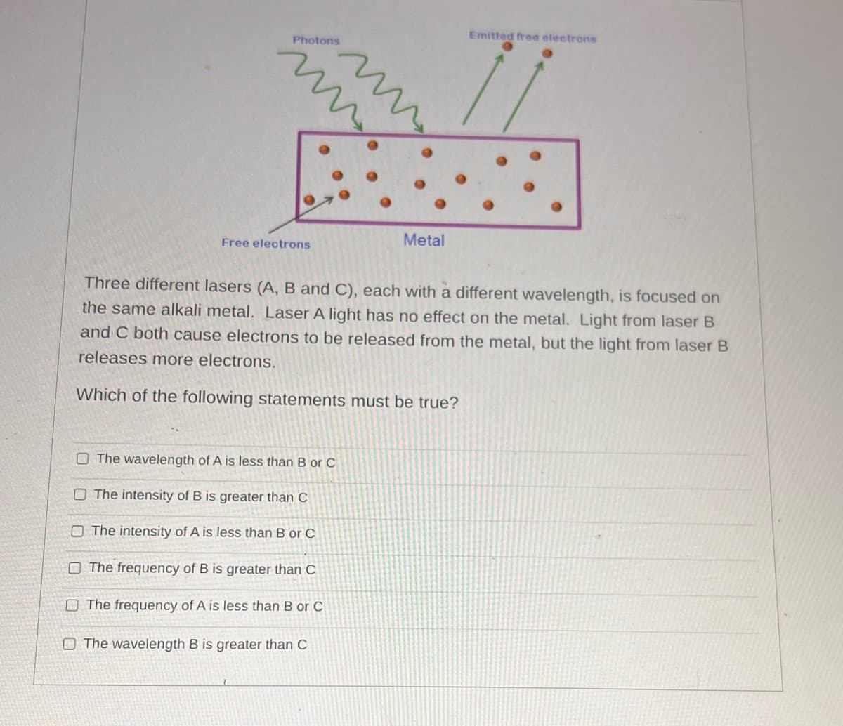 Free electrons
Metal
The wavelength of A is less than B or C
O The intensity of B is greater than C
O The intensity of A is less than B or C
The frequency of B is greater than C
The frequency of A is less than B or C
The wavelength B is greater than C
Emitted free electrons
Three different lasers (A, B and C), each with a different wavelength, is focused on
the same alkali metal. Laser A light has no effect on the metal. Light from laser B
and C both cause electrons to be released from the metal, but the light from laser B
releases more electrons.
Which of the following statements must be true?