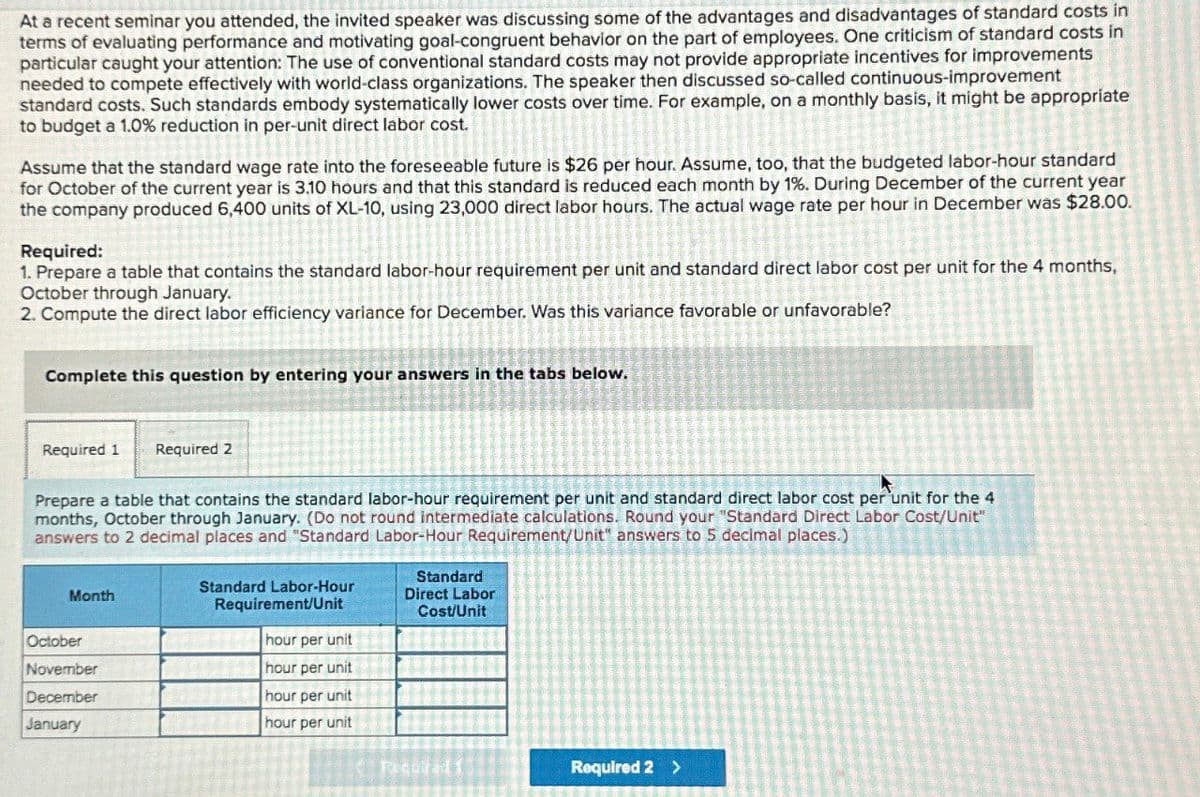 At a recent seminar you attended, the invited speaker was discussing some of the advantages and disadvantages of standard costs in
terms of evaluating performance and motivating goal-congruent behavior on the part of employees. One criticism of standard costs in
particular caught your attention: The use of conventional standard costs may not provide appropriate incentives for improvements
needed to compete effectively with world-class organizations. The speaker then discussed so-called continuous-improvement
standard costs. Such standards embody systematically lower costs over time. For example, on a monthly basis, it might be appropriate
to budget a 1.0% reduction in per-unit direct labor cost.
Assume that the standard wage rate into the foreseeable future is $26 per hour. Assume, too, that the budgeted labor-hour standard
for October of the current year is 3.10 hours and that this standard is reduced each month by 1%. During December of the current year
the company produced 6,400 units of XL-10, using 23,000 direct labor hours. The actual wage rate per hour in December was $28.00.
Required:
1. Prepare a table that contains the standard labor-hour requirement per unit and standard direct labor cost per unit for the 4 months,
October through January.
2. Compute the direct labor efficiency variance for December. Was this variance favorable or unfavorable?
Complete this question by entering your answers in the tabs below.
Required 1 Required 2
Prepare a table that contains the standard labor-hour requirement per unit and standard direct labor cost per unit for the 4
months, October through January. (Do not round intermediate calculations. Round your "Standard Direct Labor Cost/Unit"
answers to 2 decimal places and "Standard Labor-Hour Requirement/Unit" answers to 5 decimal places.)
Standard Labor-Hour
Requirement/Unit
hour per unit
Standard
Direct Labor
Cost/Unit
Month
October
November
hour per unit
December
hour per unit
January
hour per unit
Required 2 >