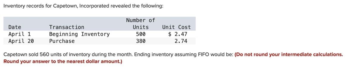 Inventory records for Capetown, Incorporated revealed the following:
Date
April 1
April 20
Number of
Transaction
Units
Unit Cost
Beginning Inventory
500
Purchase
380
$ 2.47
2.74
Capetown sold 560 units of inventory during the month. Ending inventory assuming FIFO would be: (Do not round your intermediate calculations.
Round your answer to the nearest dollar amount.)