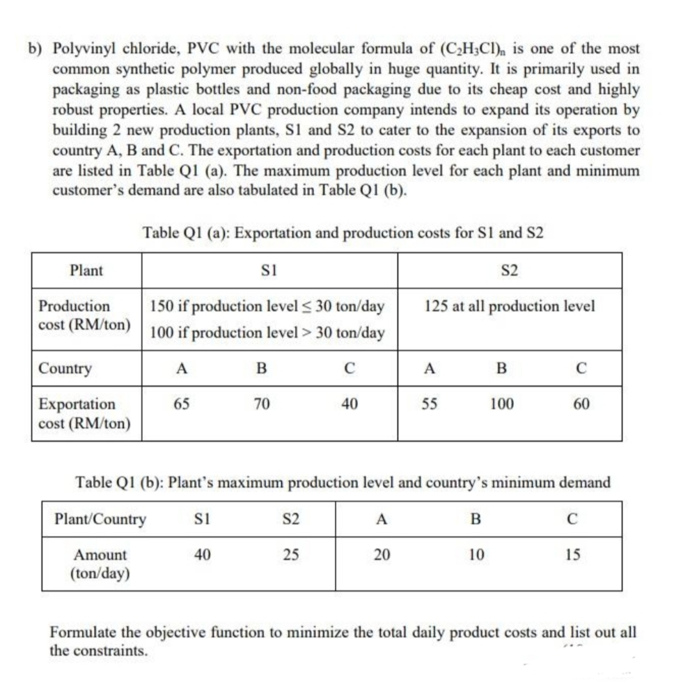 b) Polyvinyl chloride, PVC with the molecular formula of (C2H;Cl), is one of the most
common synthetic polymer produced globally in huge quantity. It is primarily used in
packaging as plastic bottles and non-food packaging due to its cheap cost and highly
robust properties. A local PVC production company intends to expand its operation by
building 2 new production plants, S1 and S2 to cater to the expansion of its exports to
country A, B and C. The exportation and production costs for each plant to each customer
are listed in Table Q1 (a). The maximum production level for each plant and minimum
customer's demand are also tabulated in Table QI (b).
Table QI (a): Exportation and production costs for Sl and S2
Plant
si
S2
150 if production level < 30 ton/day
cost (RM/ton) 100 if production level > 30 ton/day
Production
125 at all production level
Country
A
C
A
B
C
Exportation
cost (RM/ton)
65
70
40
55
100
60
Table Q1 (b): Plant's maximum production level and country's minimum demand
Plant/Country
si
S2
A
B
C
Amount
40
25
20
10
15
(ton/day)
Formulate the objective function to minimize the total daily product costs and list out all
the constraints.
