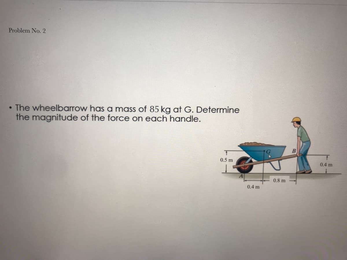 Problem No. 2
The wheelbarrow has a mass of 85 kg at G. Determine
the magnitude of the force on each handle.
B
0.5 m
0.4 m
0.8 m
0.4 m
