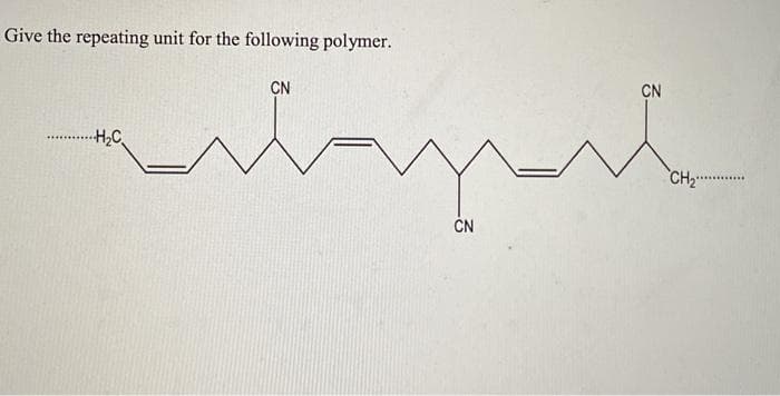 Give the repeating unit for the following polymer.
CN
CN
CH2
ČN
