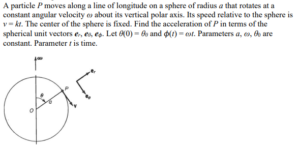 A particle P moves along a line of longitude on a sphere of radius a that rotates at a
constant angular velocity about its vertical polar axis. Its speed relative to the sphere is
v = kt. The center of the sphere is fixed. Find the acceleration of P in terms of the
spherical unit vectors er, ea, ep. Let 0(0) = 0o and p(t) = cot. Parameters a, a, are
constant. Parameter t is time.
Ace