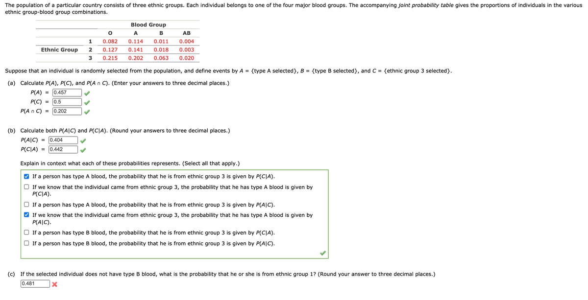 The population of a particular country consists of three ethnic groups. Each individual belongs to one of the four major blood groups. The accompanying joint probability table gives the proportions of individuals in the various
ethnic group-blood group combinations.
Blood Group
A
В
AB
1
0.082
0.114
0.011
0.004
Ethnic Group
2
0.127
0.141
0.018
0.003
0.215
0.202
0.063
0.020
Suppose that an individual is randomly selected from the population, and define events by A = {type A selected}, B = {type B selected}, and C = {ethnic group 3 selected}.
(a) Calculate P(A), P(C), and P(A n C). (Enter your answers to three decimal places.)
P(A)
0.457
P(C) =
0.5
P(A n C) =
0.202
(b) Calculate both P(A|C) and P(C|A). (Round your answers to three decimal places.)
P(A|C) =
0.404
P(C|A)
0.442
Explain in context what each of these probabilities represents. (Select all that apply.)
V If a person has type A blood, the probability that he is from ethnic group 3 is given by P(C|A).
If we know that the individual came from ethnic group 3, the probability that he has type A blood is given by
P(C|A).
O If a person has type A blood, the probability that he is from ethnic group 3 is given by P(A|C).
V If we know that the individual came from ethnic group 3, the probability that he has type A blood is given by
P(A|C).
O If a person has type B blood, the probability that he is from ethnic group 3 is given by P(C|A).
If a person has type B blood, the probability that he is from ethnic group 3 is given by P(A|C).
(c) If the selected individual does not have type B blood, what is the probability that he or she is from ethnic group 1? (Round your answer to three decimal places.)
0.481
O O
