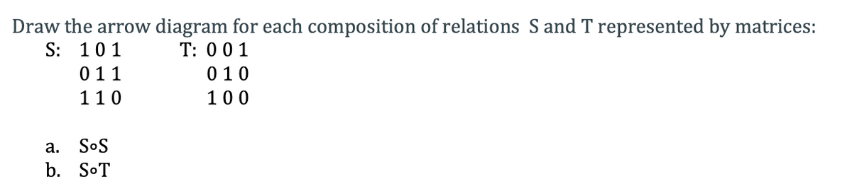 Draw the arrow diagram for each composition of relations Sand T represented by matrices:
S: 101
T: 001
011
010
110
100
а.
SoS
b. SoT
