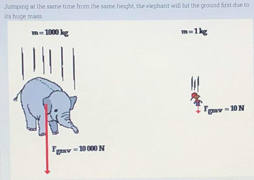 Jumping at the same time from the same height, the elephant will hit the ground first due to
its huge mass
m=1000 kg
Fgrav=10000 N
m=1kg
Fgrav = 10 N