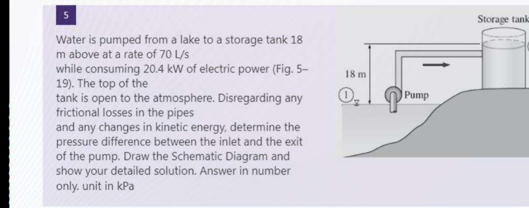 5
Water is pumped from a lake to a storage tank 18
m above at a rate of 70 L/s
while consuming 20.4 kW of electric power (Fig. 5-
19). The top of the
tank is open to the atmosphere. Disregarding any
frictional losses in the pipes
and any changes in kinetic energy, determine the
pressure difference between the inlet and the exit
of the pump. Draw the Schematic Diagram and
show your detailed solution. Answer in number
only. unit in kPa
18 m
Pump
Storage tank