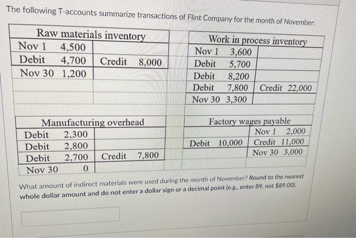 The following T-accounts summarize transactions of Flint Company for the month of November:
Work in process inventory
Raw materials inventory
Nov 1 4,500
Debit 4,700
Nov 30 1,200
Credit 8,000
Manufacturing overhead
Debit 2,300
Debit 2,800
Debit 2,700 Credit 7,800
Nov 30
0
Nov 1
3,600
Debit
5,700
Debit 8,200
Debit 7,800 Credit 22,000
Nov 30 3,300
Factory wages payable
Debit 10,000
Nov 1 2,000
Credit 11,000
Nov 30 3,000
What amount of indirect materials were used during the month of November? Round to the nearest
whole dollar amount and do not enter a dollar sign or a decimal point (e.g., enter 89, not $89.00).