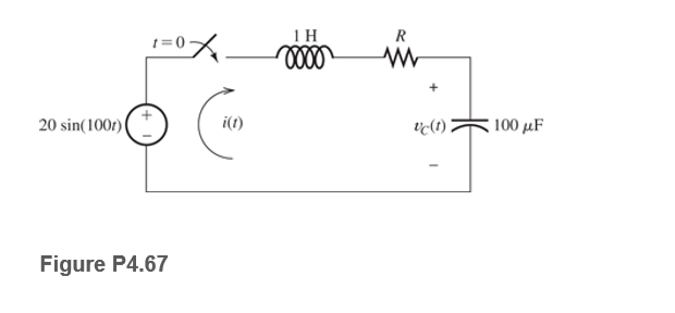 1=0
20 sin(100r)
i(1)
vc(t)
100 μF
Figure P4.67
