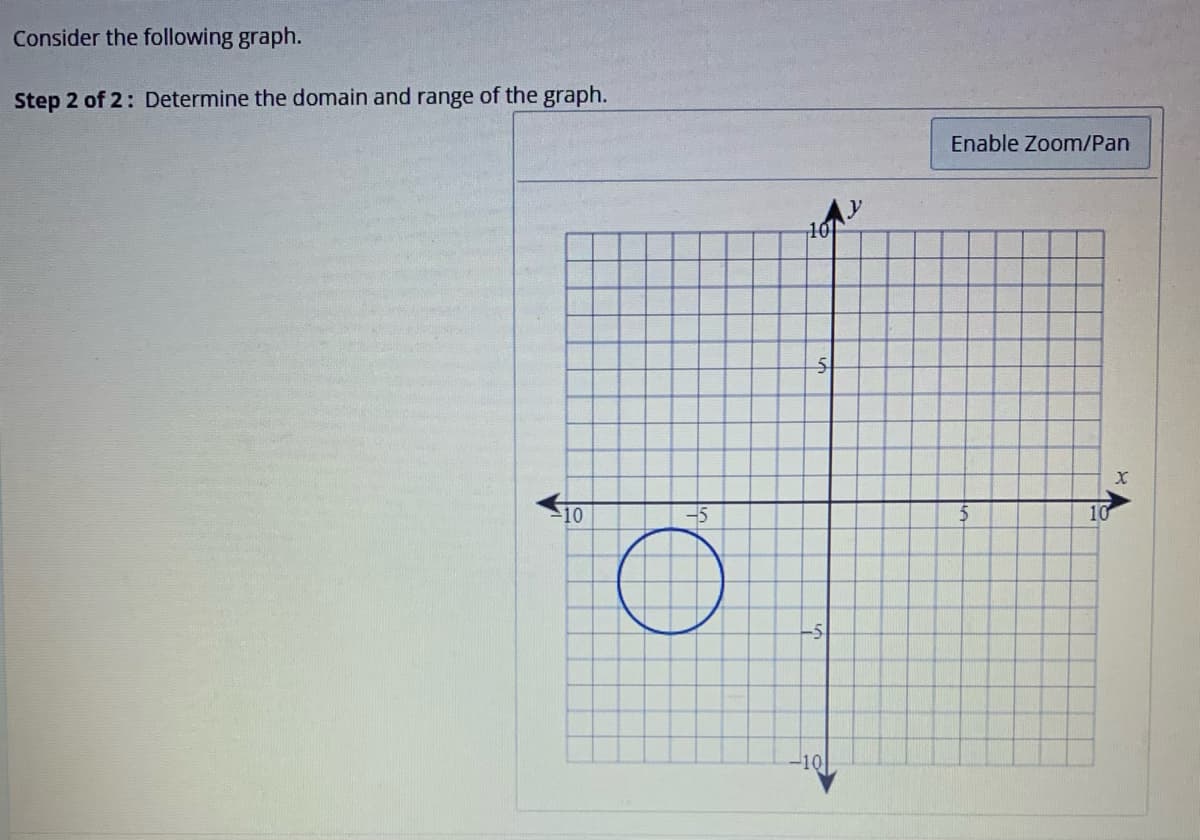 Consider the following graph.
Step 2 of 2: Determine the domain and range of the graph.
10
-5
O
5
-5
-10
Enable Zoom/Pan
10
X