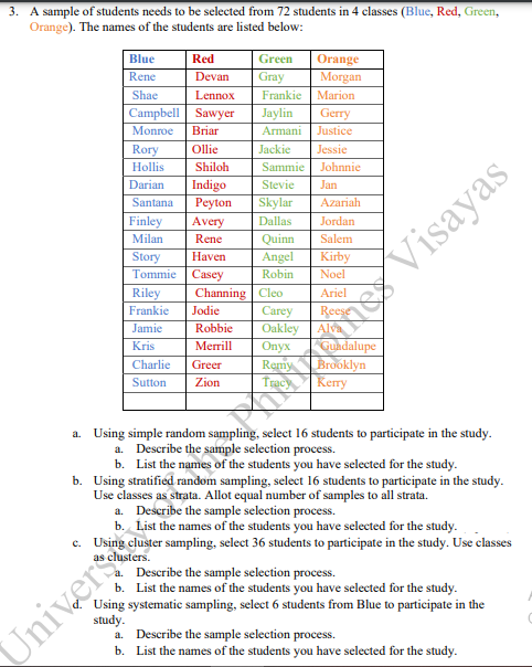 3. A sample of students needs to be selected from 72 students in 4 classes (Blue, Red, Green,
Orange). The names of the students are listed below:
Blue
Red
Green
Orange
Rene
Devan
Morgan
Frankie Marion
Jaylin
Gray
Shae
Lennox
Campbell Sawyer
Gerry
Monroe
Briar
Агmani
Justice
Rory
Ollie
Jackie
Jessie
Hollis
Shiloh
Sammie
Johnnie
Indigo
Peyton
Darian
Stevie
Jan
Santana
Skylar
Azariah
Finley
Avery
Dallas
Jordan
Quinn
Angel
Robin
Milan
Rene
Salem
Story
Tommie Casey
Kirby
Noel
Haven
Riley
Channing Cleo
Ariel
m Visayas
Frankie
Jodie
Carey
Oakley
Jamie
Robbie
Kris
uadalupe
Brooklyn
Kerry
Мerill
Onух
Charlie
Greer
Sutton
Zion
a. Using simple random sampling, select 16 students to participate in the study.
a. Describe the sample selection process.
b. List the names of the students you have selected for the study.
b. Using stratified random sampling, select 16 students to participate in the study.
Use classes as strata. Allot equal number of samples to all strata.
a. Describe the sample selection process.
b. List the names of the students you have selected for the study.
c. Using cluster sampling, select 36 students to participate in the study. Use classes
Describe the sample selection process.
b. List the names of the students you have selected for the study.
Using systematic sampling, select 6 students from Blue to participate in the
study.
a. Describe the sample selection process.
Univers
b. List the names of the students you have selected for the study.
