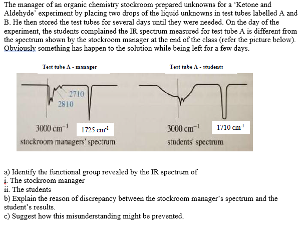 The manager of an organic chemistry stockroom prepared unknowns for a 'Ketone and
Aldehyde experiment by placing two drops of the liquid unknowns in test tubes labelled A and
B. He then stored the test tubes for several days until they were needed. On the day of the
experiment, the students complained the IR spectrum measured for test tube A is different from
the spectrum shown by the stockroom manager at the end of the class (refer the picture below).
Obviously something has happen to the solution while being left for a few days.
Test tube A - manager
Test tube A - students
2710
2810
3000 cm 1725 cm
3000 cm-1
1710 cm
stockroom managers' spectrum
students' spectrum
a) Identify the functional group revealed by the IR spectrum of
į. The stockroom manager
ii. The students
b) Explain the reason of discrepancy between the stockroom manager's spectrum and the
student's results.
c) Suggest how this misunderstanding might be prevented.
