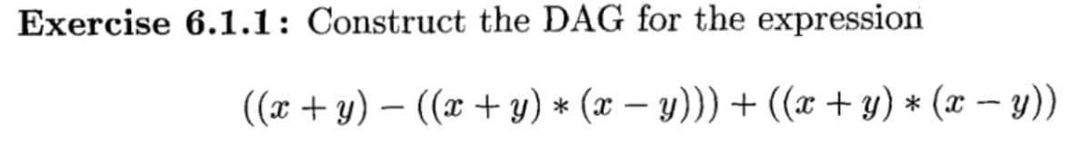 Exercise 6.1.1: Construct the DAG for the expression
((x + y) − ((x + y) ⋆ (x − y))) + ((x + y) * (x − y))