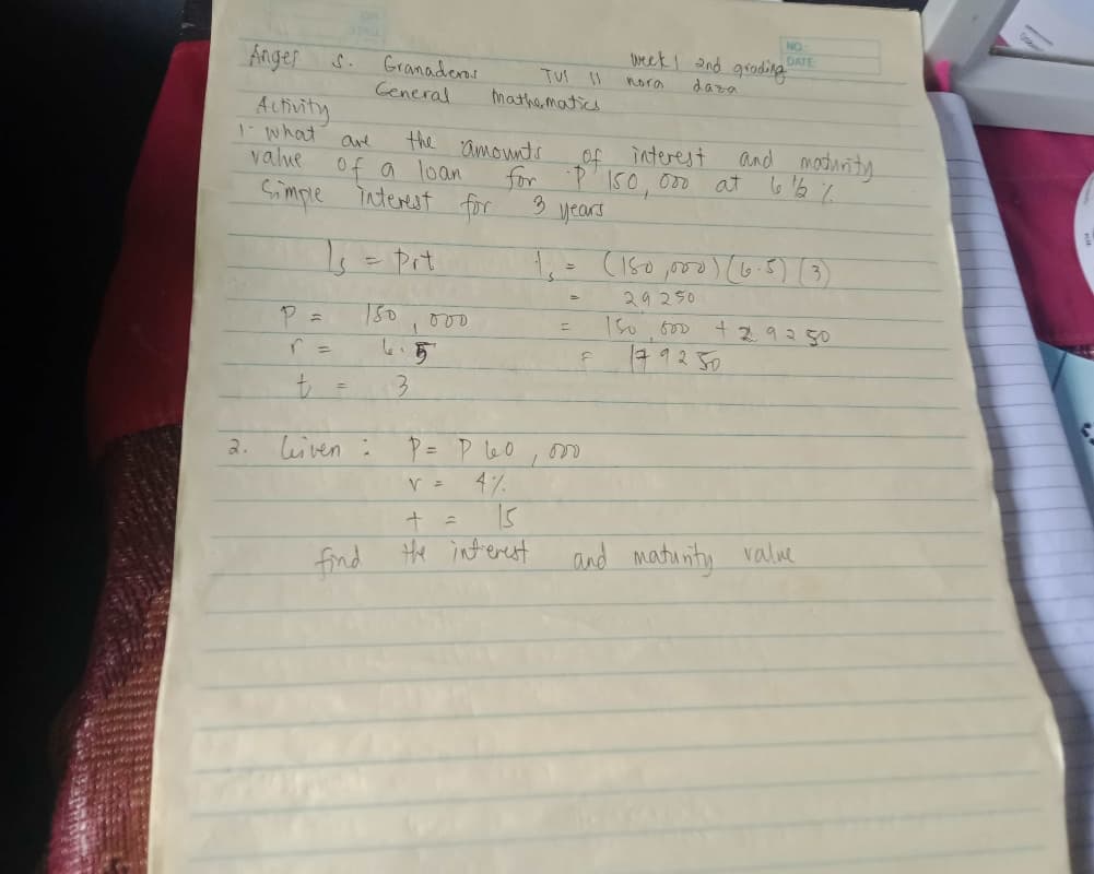 Anger s.
Ueek I 2nd groding
NO
DATE
Granaderas
Ceneral
nora
daza
mathe, matics
Activity
1: what
value
the amounts
for
of interest
at
and modinity
aue
of a loan
Simple interest for
3.
years
1,= (150,000)(6.5)3)
29250
150
+29250
1792 50
r =
le
to
P= P le0
4%
2.
leiven :
fnd the inferest
and matunty value
