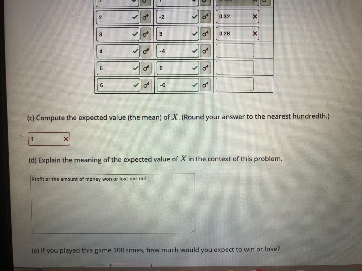 -2
0.32
3
0.28
4
-4
6
-6
(c) Compute the expected value (the mean) of X. (Round your answer to the nearest hundredth.)
1
(d) Explain the meaning of the expected value of X in the context of this problem.
Profit or the amount of money won or lost per roll
(e) If you played this game 100 times, how much would you expect to win or lose?
of
