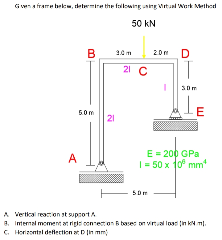 Given a frame below, determine the following using Virtual Work Method
50 kN
В
3.0 m
2.0 m
D
21 C
3.0 m
5.0 m
-E
21
E = 200 GPa
| = 50 x 10° mm
A
5.0 m
A. Vertical reaction at support A.
B. Internal moment at rigid connection B based on virtual load (in kN.m).
C. Horizontal deflection at D (in mm)
