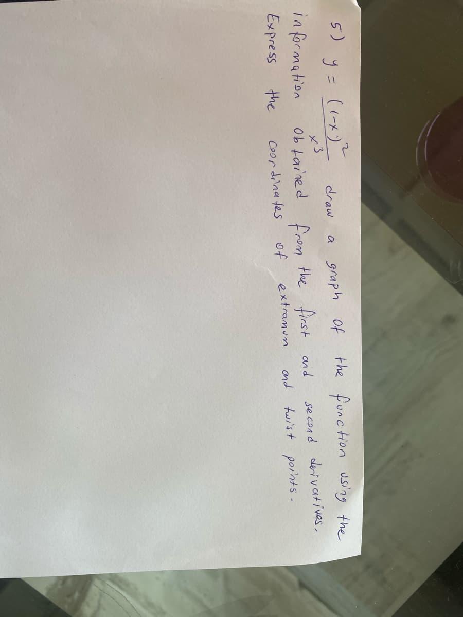 5) y= (1+) draw
the function using the
graph Of
a
x3
se con d derivatives,
twi'st points.
in formation
Ob tained from the first and
Express
the
Coordina tes
of
extramun
and
