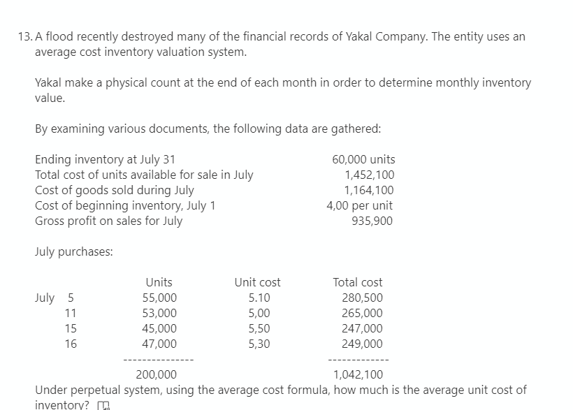13. A flood recently destroyed many of the financial records of Yakal Company. The entity uses an
average cost inventory valuation system.
Yakal make a physical count at the end of each month in order to determine monthly inventory
value.
By examining various documents, the following data are gathered:
Ending inventory at July 31
Total cost of units available for sale in July
Cost of goods sold during July
Cost of beginning inventory, July 1
Gross profit on sales for July
60,000 units
1,452,100
1,164,100
4,00 per unit
935,900
July purchases:
Units
Unit cost
Total cost
July 5
55,000
53,000
45,000
5.10
280,500
11
5,00
265,000
15
5,50
247,000
16
47,000
5,30
249,000
200,000
1,042,100
Under perpetual system, using the average cost formula, how much is the average unit cost of
inventory? A
