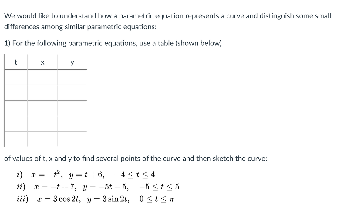 We would like to understand how a parametric equation represents a curve and distinguish some small
differences among similar parametric equations:
1) For the following parametric equations, use a table (shown below)
t
X
of values of t, x and y to find several points of the curve and then sketch the curve:
i)
-t, y=t+6,
-4 <t< 4
ii) x = -t +7, y= -5t – 5,
iii)
-5 <t< 5
x = 3 cos 2t, y= 3 sin 2t,
0 <t< T
