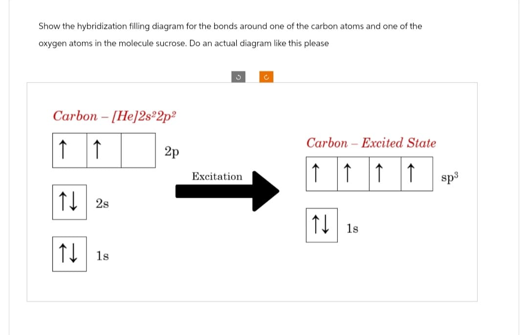 Show the hybridization filling diagram for the bonds around one of the carbon atoms and one of the
oxygen atoms in the molecule sucrose. Do an actual diagram like this please
Carbon-[He]2s22p²
↑
↑
128
11s
2p
3
Excitation
Carbon-Excited State
↑
↑
↑↓ 18
sp³