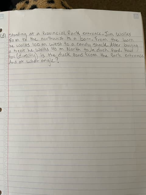 (d) Standing at a Provincial Pack entrance. Jim Walks
Som to the northwest to a barn. From the barn
The walks 100 m west to a candy shack. After buying.
a treat he walks 40 m North to a duck Pord. How
for (directly) is the duck Pond from the Park entrance.
And at what angle?
D