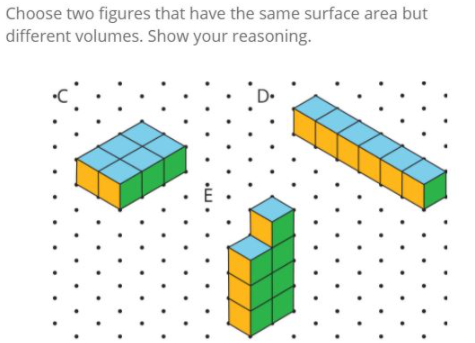 Choose two figures that have the same surface area but
different volumes. Show your reasoning.
