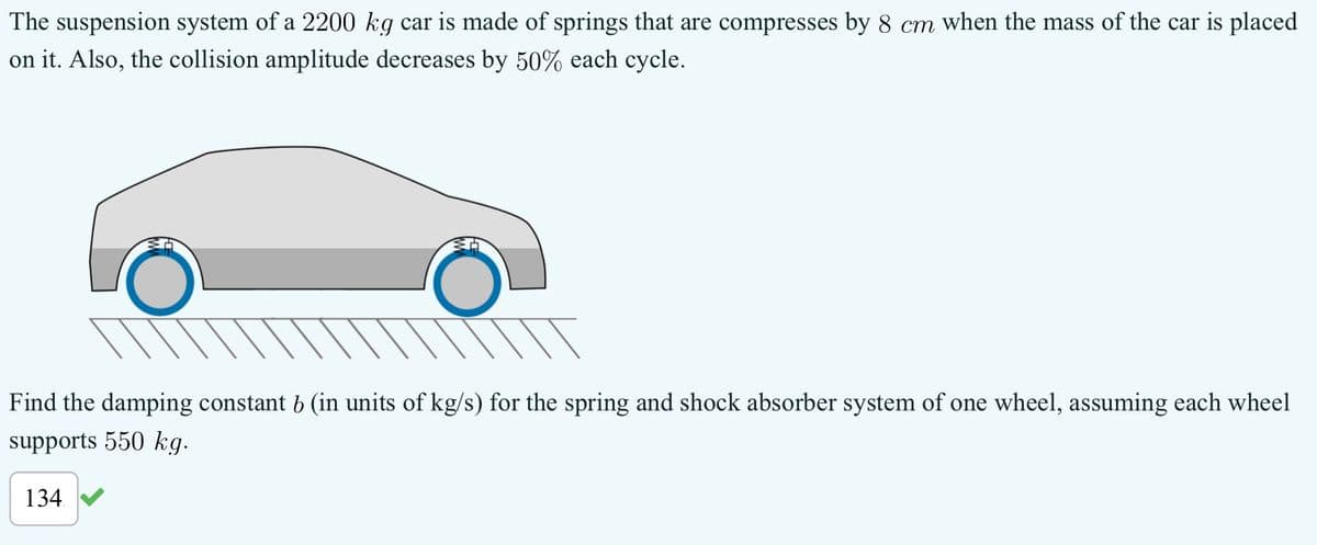 The suspension system of a 2200 kg car is made of springs that are compresses by 8 cm when the mass of the car is placed
on it. Also, the collision amplitude decreases by 50% each cycle.
Find the damping constant 6 (in units of kg/s) for the spring and shock absorber system of one wheel, assuming each wheel
supports 550 kg.
134