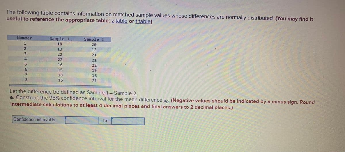 The following table contains information on matched sample values whose differences are normally distributed. (You may find it
useful to reference the appropriate table: z table or t table)
Number
Sample 1
18
Sample 2
20
2.
13
12
3
22
21
4
22
21
16
22
15
19
7.
18
16
8.
16
21
Let the difference be defined as Sample 1- Sample 2.
a. Construct the 95% confidence interval for the mean difference un. (Negative values should be indicated by a minus sign. Round
intermediate calculations to at least 4 decimal places and final answers to 2 decimal places.)
Confidence interval is
to
