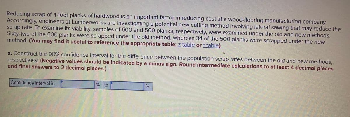 Reducing scrap of 4-foot planks of hardwood is an important factor in reducing cost at a wood-flooring manufacturing company.
Accordingly, engineers at Lumberworks are investigating a potential new cutting method involving lateral sawing that may reduce the
scrap rate. To examine its viability, samples of 600 and 500 planks, respectively, were examined under the old and new methods.
Sixty-two of the 600 planks were scrapped under the old method, whereas 34 of the 500 planks were scrapped under the new
method. (You may find it useful to reference the appropriate table: z table or t table)
a. Construct the 90% confidence interval for the difference between the population scrap rates between the old and new methods,
respectively. (Negative values should be indicated by a minus sign. Round intermediate calculations to at least 4 decimal places
and final answers to 2 decimal places.)
Confidence interval is
I to
%.
論
