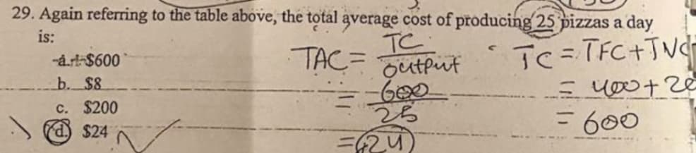 Again referring to the table above, the total average cost of producing 25 pizzas a day
is:
TC
TAC= Tutput
Tc=TFC+TV
三 4+て
= 600
-å.r-$600
%3D
b. $8
C. $200
d) $24
