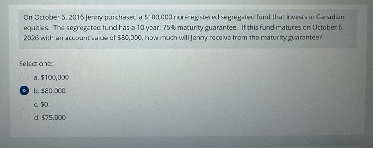 On October 6, 2016 Jenny purchased a $100,000 non-registered segregated fund that invests in Canadian
equities. The segregated fund has a 10 year, 75% maturity guarantee. If this fund matures on October 6,
2026 with an account value of $80,000, how much will Jenny receive from the maturity guarantee?
Select one:
a. $100,000
b. $80,000
c. $0
d. $75,000