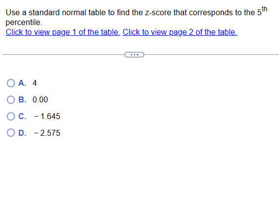 Use a standard normal table to find the z-score that corresponds to the 5th
percentile.
Click to view page 1 of the table. Click to view page 2 of the table.
OA. 4
B. 0.00
O C. - 1.645
O D. -2.575