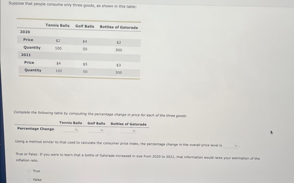 Suppose that people consume only three goods, as shown in this table:
Tennis Balls Golf Balls
Bottles of Gatorade
2020
Price
$2
$4
$2
Quantity
100
50
300
2021
Price
$4
$5
$3
Quantity
100
50
300
Complete the following table by computing the percentage change in price for each of the three goods.
Tennis Balls Golf Balls Bottles of Gatorade
Percentage Change
%
%
Using a method similar to that used to calculate the consumer price index, the percentage change in the overall price level is
%.
True or False: If you were to learn that a bottle of Gatorade increased in size from 2020 to 2021, that information would raise your estimation of the
inflation rate.
True
False