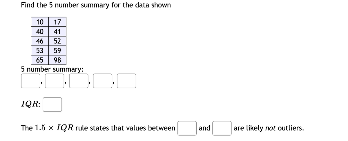 Find the 5 number summary for the data shown
10 17
40
41
46 52
53
59
65 98
5 number summary:
IQR:
}¯
The 1.5 x IQR rule states that values between
and
are likely not outliers.