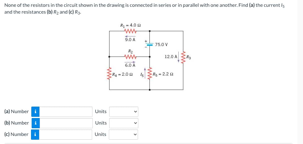 None of the resistors in the circuit shown in the drawing is connected in series or in parallel with one another. Find (a) the current 15
and the resistances (b) R₂ and (c) R3.
(a) Number
(b) Number i
(c) Number i
i
Units
Units
Units
R₁ = 4.0 2
ww
9.0 A
R₂
6.0 A
R₁ = 2.092
15
75.0 V
12.04R₂
A
R5 = 2.2 92