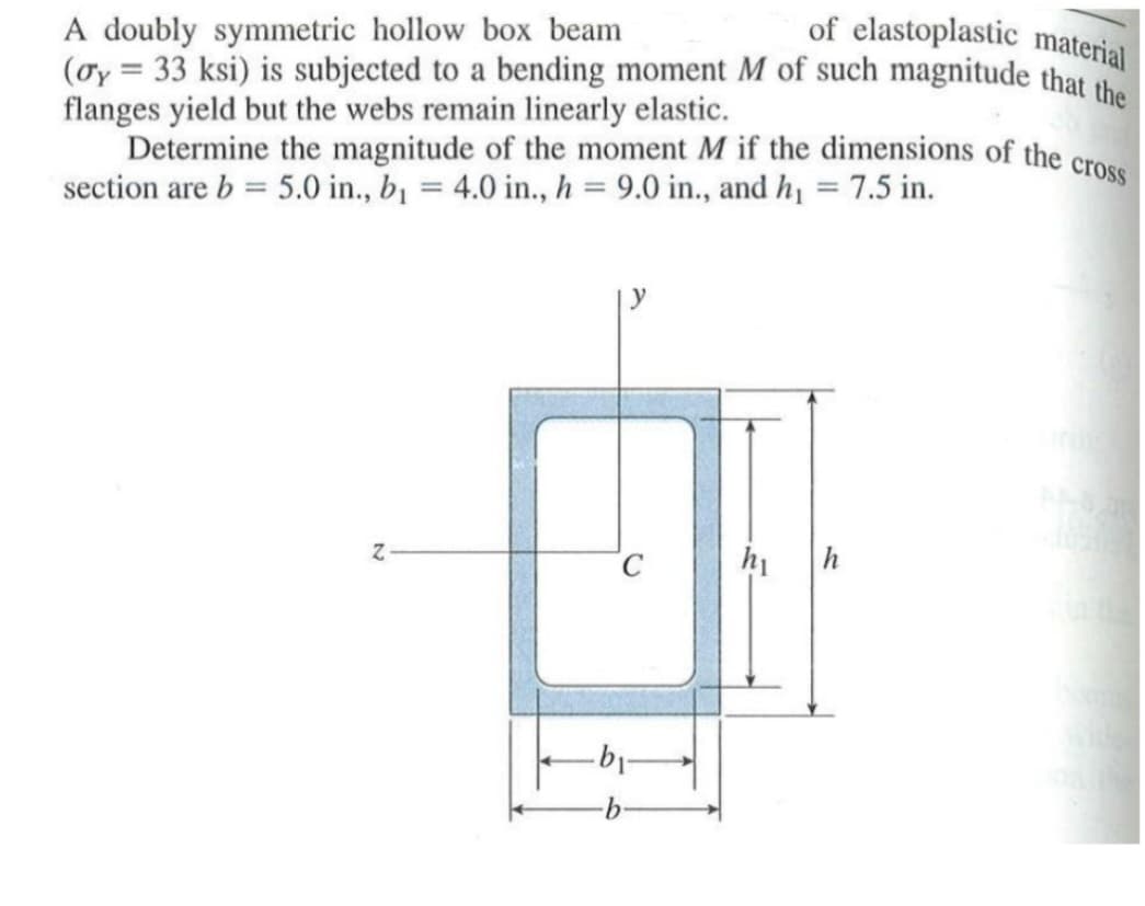 of elastoplastic material
A doubly symmetric hollow box beam
(oy = 33 ksi) is subjected to a bending moment M of such magnitude that the
flanges yield but the webs remain linearly elastic.
Determine the magnitude of the moment M if the dimensions of the cross
section are b = 5.0 in., b₁ = 4.0 in., h = 9.0 in., and h₁ = 7.5 in.
Z
C
hi h