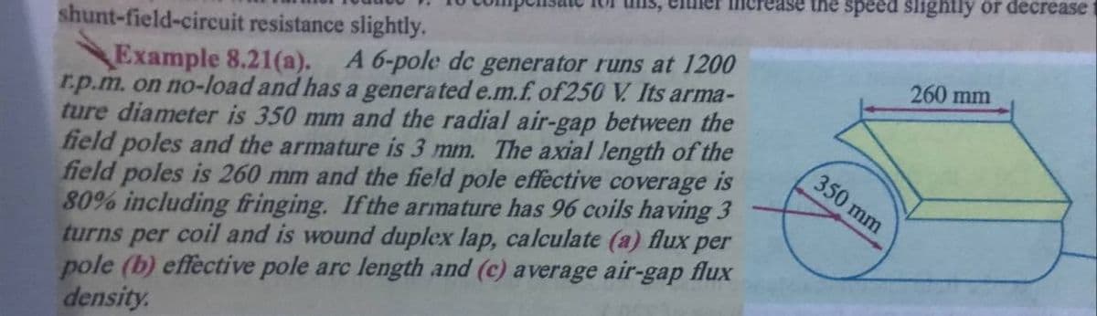 the speed slightly or decrease
shunt-field-circuit resistance slightly.
Example 8.21(a). A 6-pole dc generator runs at 1200
r.p.m. on no-load and has a generated e.m.f. of250 V. Its arma-
ture diameter is 350 mm and the radial air-gap between the
field poles and the armature is 3 mm. The axial length of the
field poles is 260 mm and the field pole effective coverage is
80% including fringing. If the armature has 96 coils having 3
turns per coil and is wound duplex lap, calculate (a) flux per
pole (b) effective pole arc length and (c) average air-gap flux
density.
260 mm
350 mm
