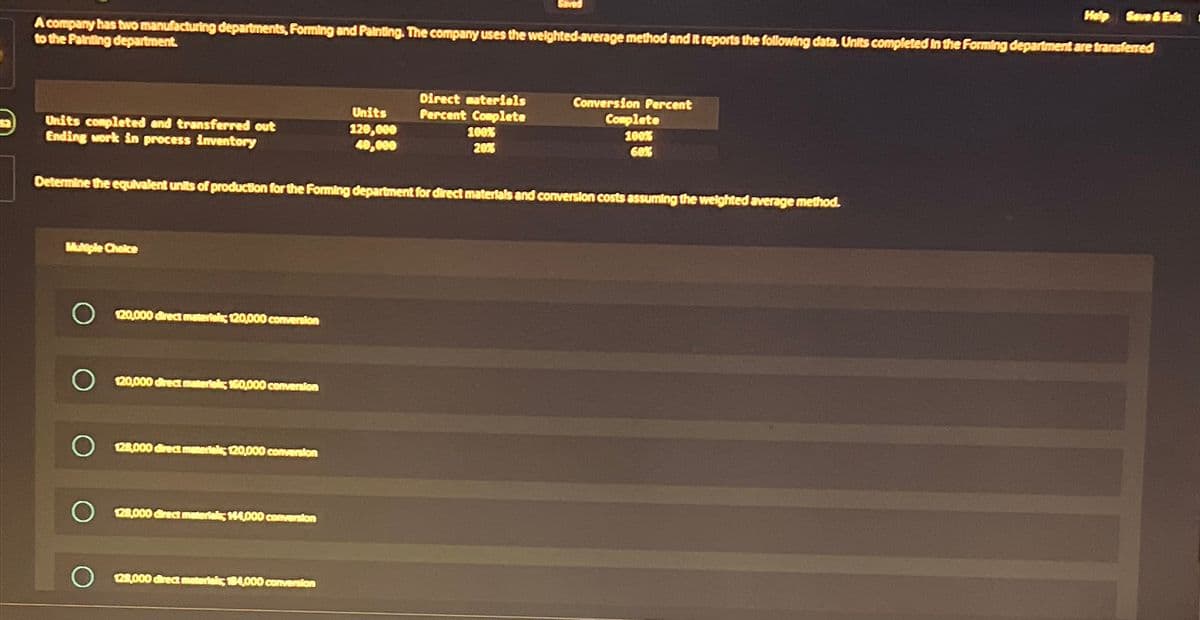 Saved
Help Save & Exis
A company has two manufacturing departments, Forming and Painting. The company uses the weighted-average method and it reports the following data. Units completed in the Forming department are transferred
to the Painting department.
Units
52
Units completed and transferred out
Ending work in process inventory
120,000
40,000
Direct materials
Percent Complete
100%
Conversion Percent
Complete
100%
20%
60%
Determine the equivalent units of production for the Forming department for direct materials and conversion costs assuming the weighted average method.
Multiple Choice
120,000 direct materials; 120,000 conversion
120,000 direct materials; 160,000 conversion
128,000 direct materials; 120,000 conversion
128,000 direct materials; 144,000 conversion
128,000 direct materials; 184,000 conversion