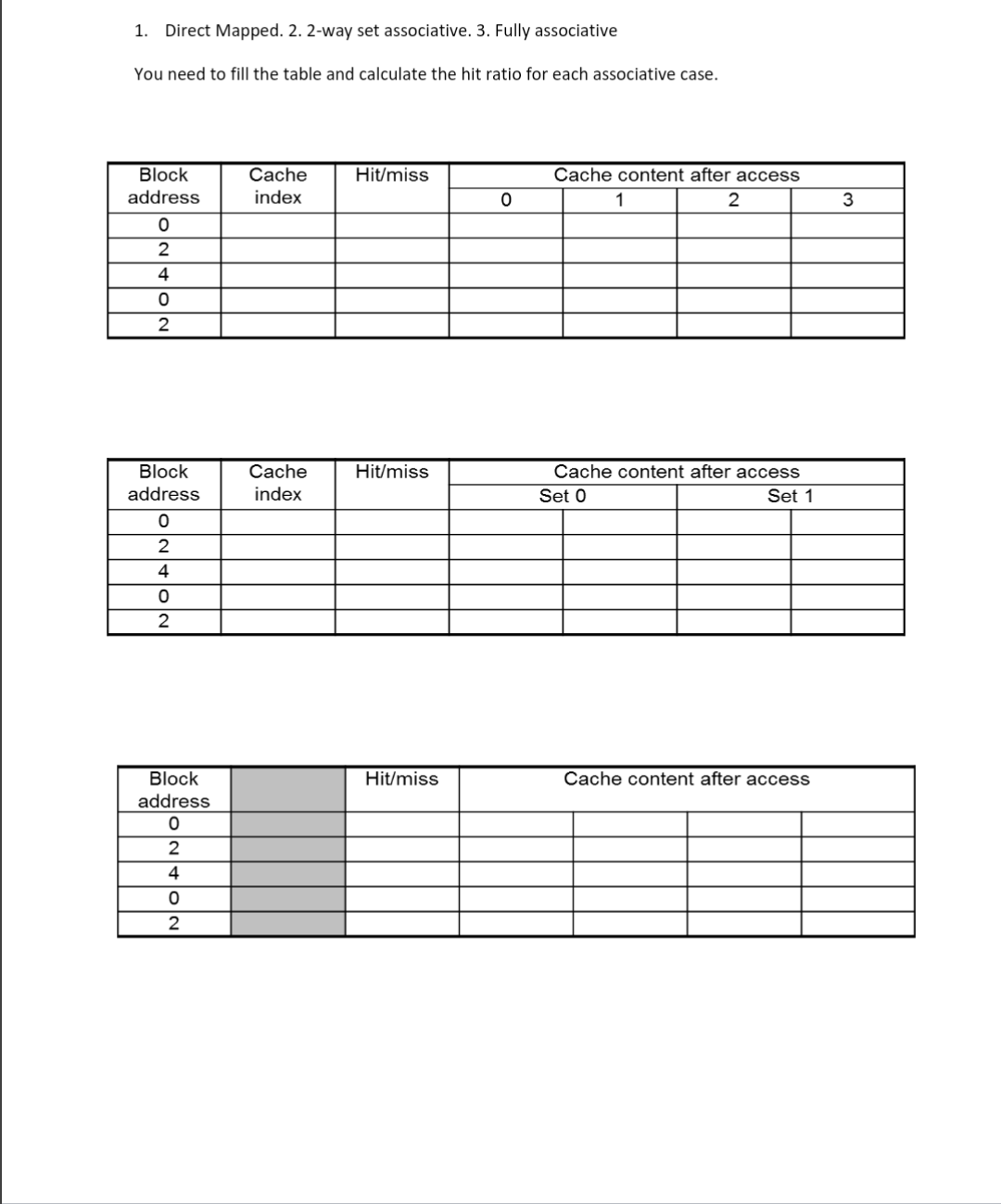 1. Direct Mapped. 2. 2-way set associative. 3. Fully associative
You need to fill the table and calculate the hit ratio for each associative case.
Block
address
0
2
4
0
2
Block
address
0
2
4
0
2
Block
address
0
2
4
0
2
Cache
index
Cache
index
Hit/miss
Hit/miss
Hit/miss
0
Cache content after access
1
2
Cache content after access
Set 0
Set 1
Cache content after access
3