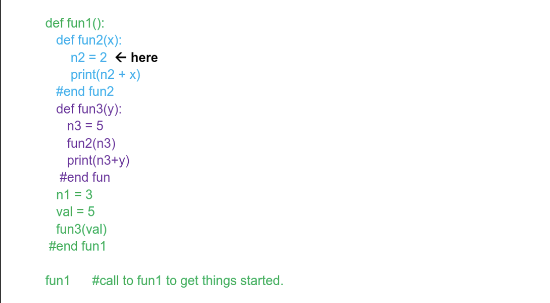def fun1():
def fun2(x):
n2 = 2
#end fun2
def fun3(y):
print(n2 + x)
n3 = 5
fun2(n3)
print(n3+y)
#end fun
n1 = 3
val = 5
fun3(val)
#end fun1
fun1
here
#call to fun1 to get things started.