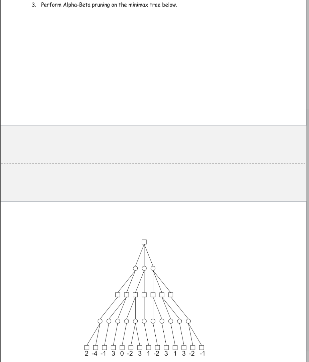 3. Perform Alpha-Beta pruning on the minimax tree below.
ON
04
O
до
ㄴ
O
O
n
C
17
O
--
2-4 -1 3 0 -2 3 1 -2 3 1 3 -2 -1