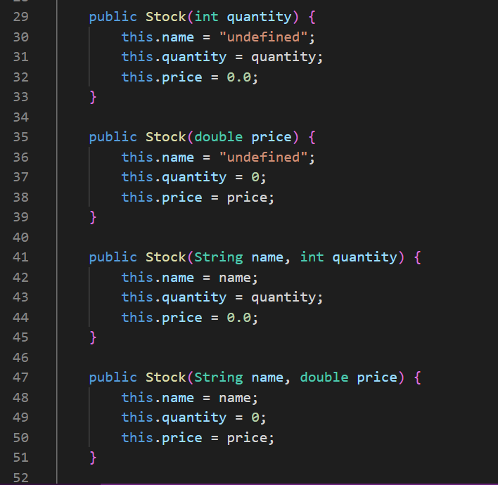 29
30
31
32
33
34
35
36
37
38
39
` 48 4 2 3 4 5 46 47 48
40
41
42
43
44
49
50
51
52
public Stock(int quantity) {
this.name = "undefined";
this.quantity = quantity;
this.price = 0.0;
}
public Stock (double price) {
this.name = "undefined";
}
public Stock(String name, int quantity) {
this.name = name;
this.quantity = quantity;
this.price = 0.0;
}
this.quantity = 0;
this.price = price;
public Stock(String name, double price) {
}
this.name = name;
this.quantity = 0;
this.price = price;