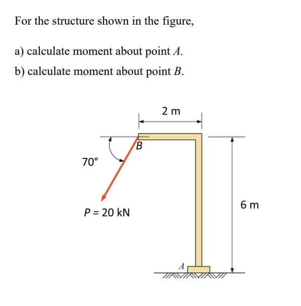 For the structure shown in the figure,
a) calculate moment about point A.
b) calculate moment about point B.
2 m
70°
6 m
P = 20 kN
