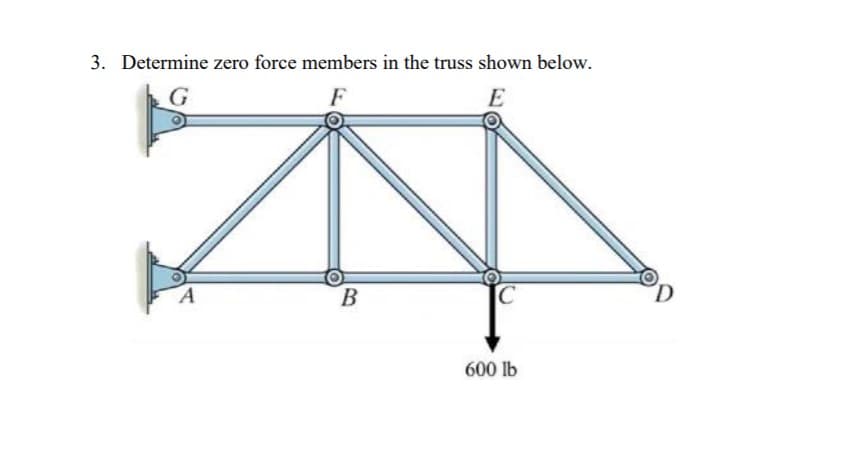 3. Determine zero force members in the truss shown below.
E
B
600 lb
