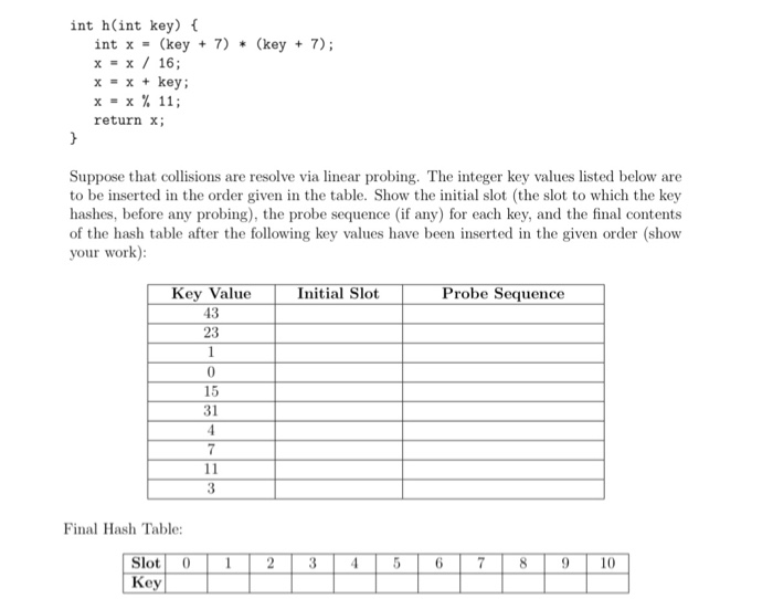 int h(int key) {
int x = (key + 7) * (key + 7);
x - x / 16;
x = x + key;
x = x % 11;
return x;
Suppose that collisions are resolve via linear probing. The integer key values listed below are
to be inserted in the order given in the table. Show the initial slot (the slot to which the key
hashes, before any probing), the probe sequence (if any) for each key, and the final contents
of the hash table after the following key values have been inserted in the given order (show
your work):
Key Value
Initial Slot
Probe Sequence
43
23
1
15
31
4.
7
11
3
Final Hash Table:
Slot
3.
4
6.
7
8.
9.
10
Key
