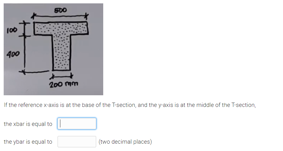 500
100
400
200 mm
If the reference x-axis is at the base of the T-section, and the y-axis is at the middle of the T-section,
the xbar is equal to
the ybar is equal to
(two decimal places)
