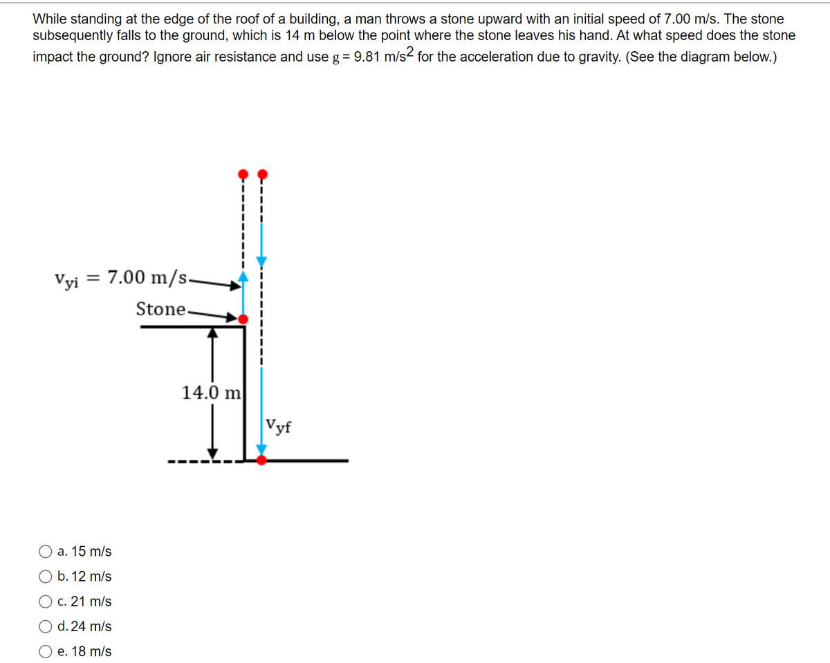 While standing at the edge of the roof of a building, a man throws a stone upward with an initial speed of 7.00 m/s. The stone
subsequently falls to the ground, which is 14 m below the point where the stone leaves his hand. At what speed does the stone
impact the ground? Ignore air resistance and use g = 9.81 m/s for the acceleration due to gravity. (See the diagram below.)
Vyi =
= 7.00 m/s-
Stone.
14.0 m
Vyf
a. 15 m/s
b. 12 m/s
c. 21 m/s
d. 24 m/s
e. 18 m/s
